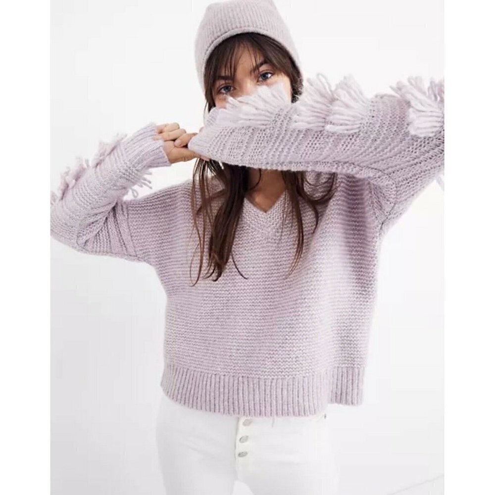 Madewell Purple V-Neck Fringe Sleeve Oversized Pullover Sweater